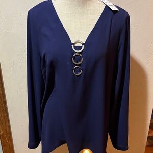 NY Collection Navy Long-Sleeve V-Neck Top with Silver Ring Accents